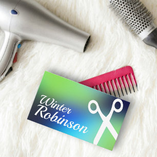 Modern holographic blue green turquoise hairstylis business card