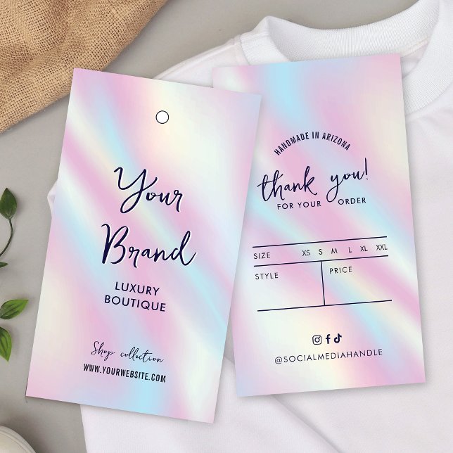 Modern Holographic Clothing Price Labels Hang Tag (Feminine clothing tag label with holographic effect background and modern script fonts & size chart)
