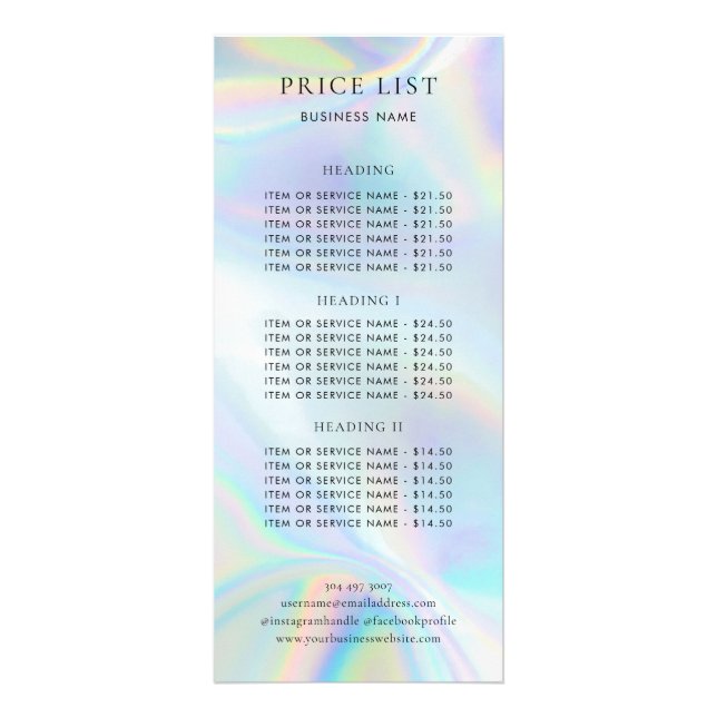 Modern Holographic Company Logo Service Price List Rack Card (Back)