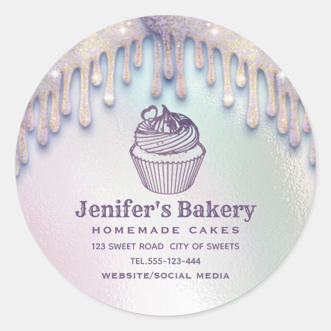 Modern holographic drips cupcake  bakery chef classic round sticker (Front)