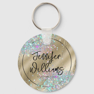 Modern Holographic Glitter Faux Foil Gold Business Key Ring