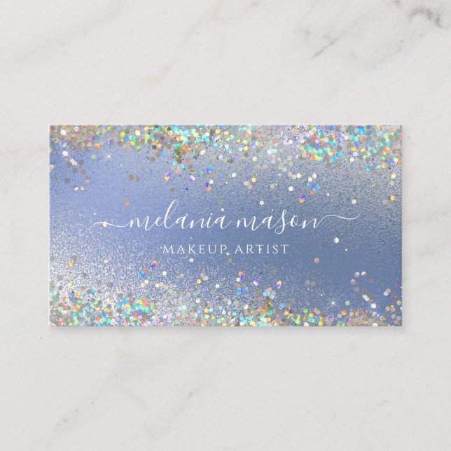 Modern Holographic Glitter Makeup Artist Blue Business Card (Front)