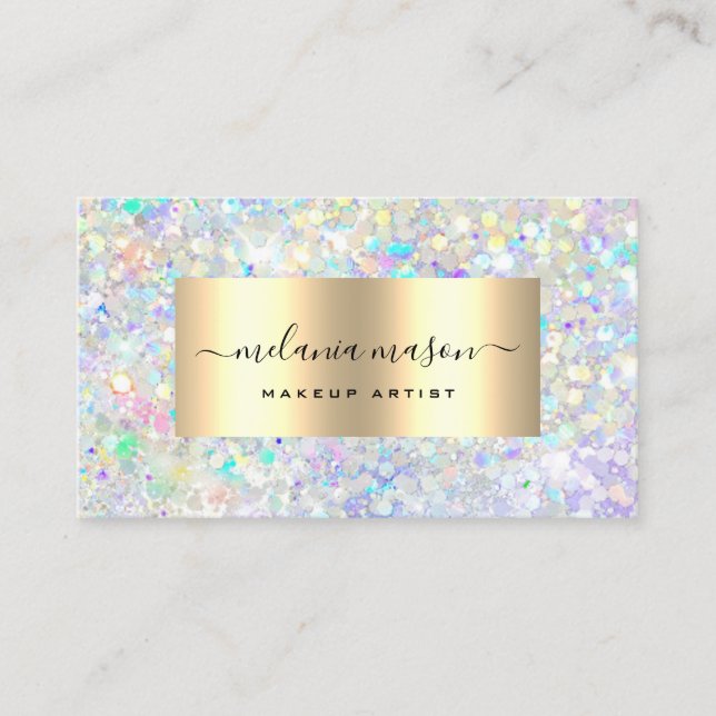 Modern Holographic Glitter Makeup Artist Gold Business Card (Front)