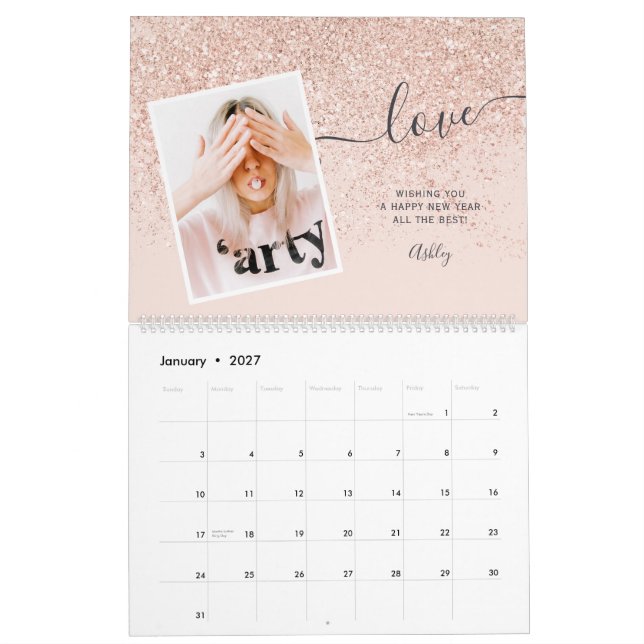 Modern holographic glitter marble 13 photo grid calendar (Jan 2027)