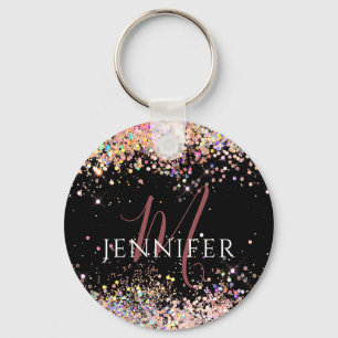 Modern Holographic Glitter Monogram Black Keychain