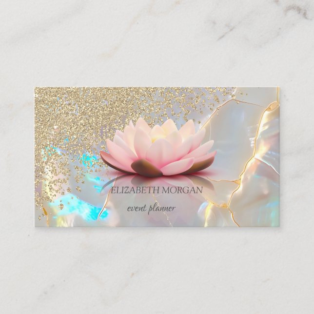 Modern Holographic Gold Diamonds Lotus Opal Stone Business Card (Front)