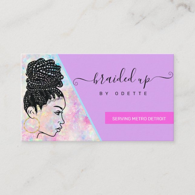 Modern Holographic Hair Braiding Braider Stylist Business Card (Front)