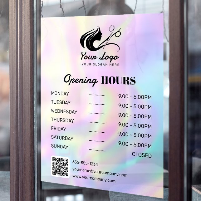 Modern Holographic Hair Salon Logo Opening Hours Window Cling (Creator Uploaded)