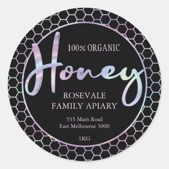 Modern Holographic Honeycomb Honey Apiary Label (Front)