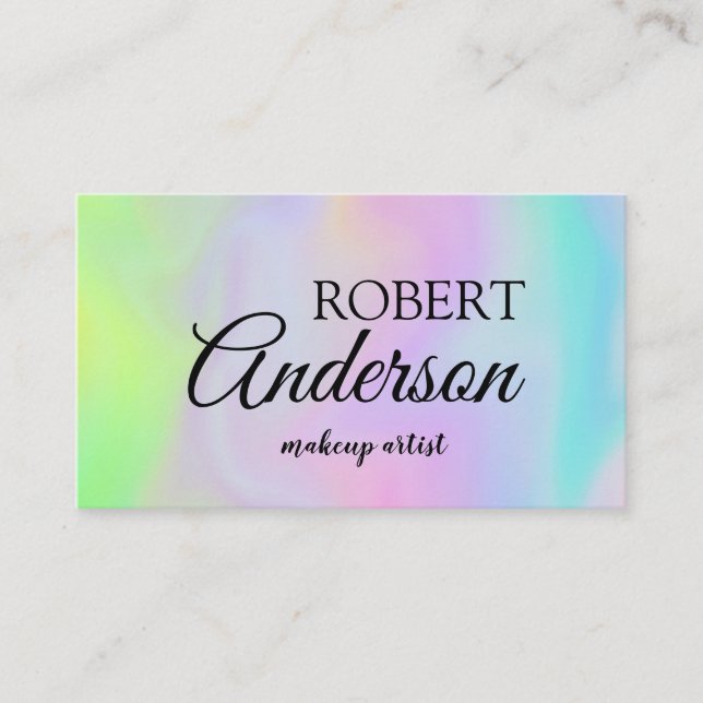 Modern holographic makeup artist unicorn rainbow business card (Front)