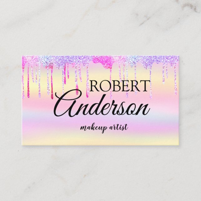 Modern holographic makeup artist unicorn rainbow business card (Front)