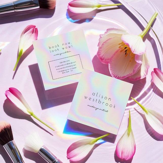 Modern holographic makeup artist unicorn rainbow square business card (Modern holographic makeup artist unicorn rainbow)