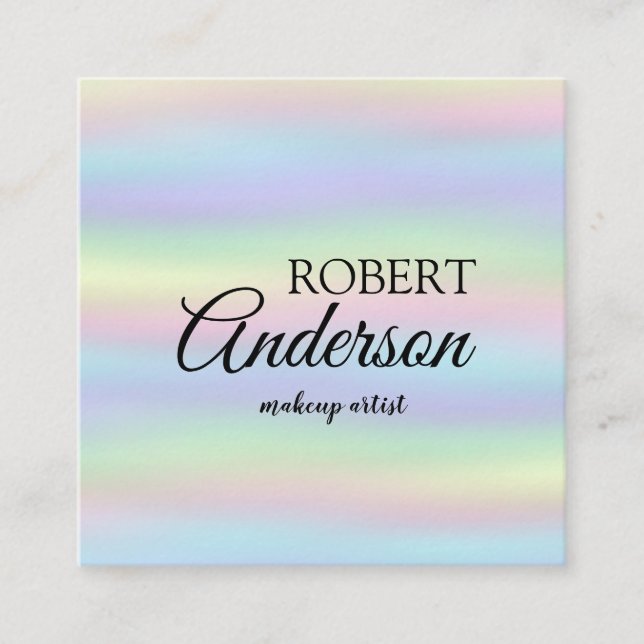 Modern holographic makeup artist unicorn rainbow square business card (Front)