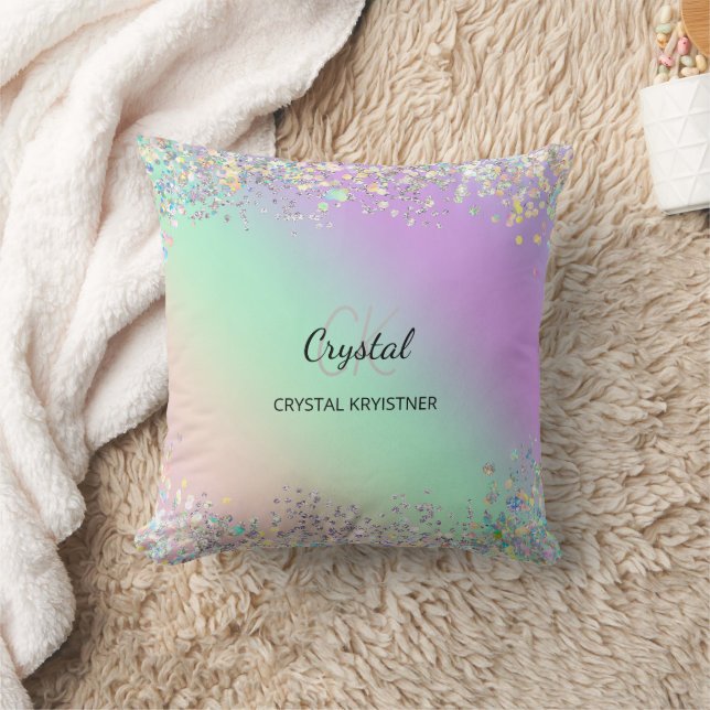 Modern Holographic Pastel Glitter Monogram Cushion (Blanket)