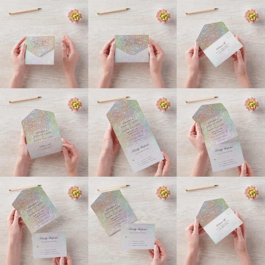 Modern Holographic Pastel Glitter Wedding All In One Invitation