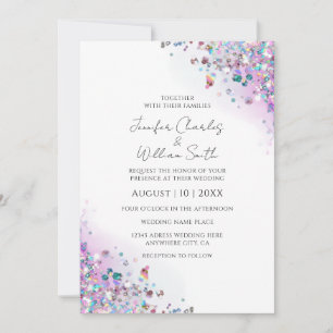 Modern Holographic Purple Glitter Sparkles White Invitation