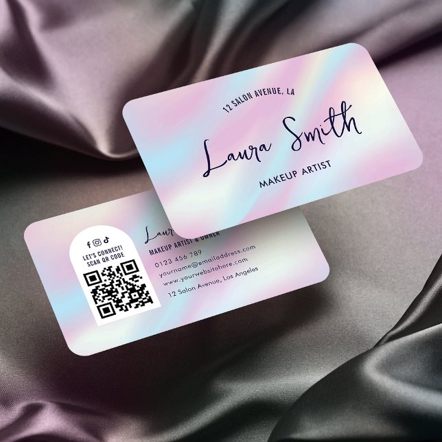 Modern Holographic QR Code Makeup Lash Salon Spa Business Card (Trendy QR code business cards with holographic effect background and trendy fonts)