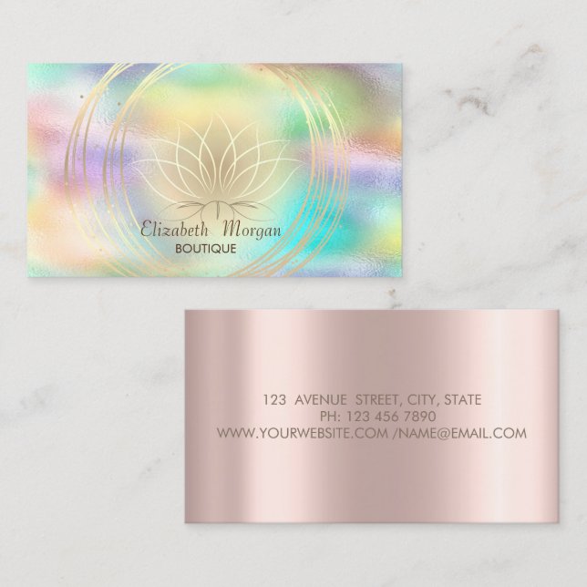 Modern Holographic, Rose Gold ,Gold Circles Lotus Business Card (Front/Back)