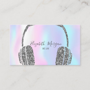 Modern Holographic Silver Glitter Headphone DJ Business Card