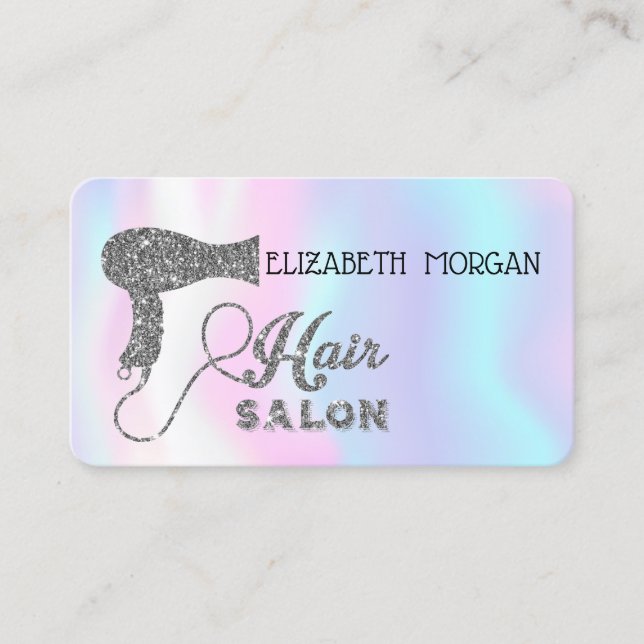 Modern Holographic,Silver Hairdryer,Hair Salon Business Card (Front)