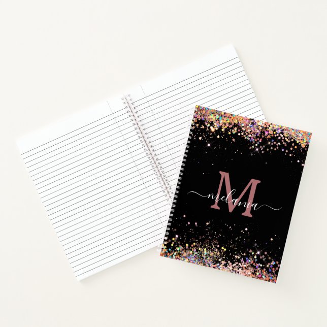 Modern Holographic Sparkly Glitter Black Monogram Notebook (Inside)