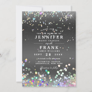 Modern Holographic Sparkly Glitter Black Wedding Invitation