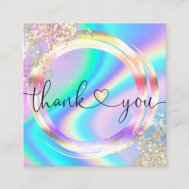modern holographic thank you for your business squ square business card (Front)