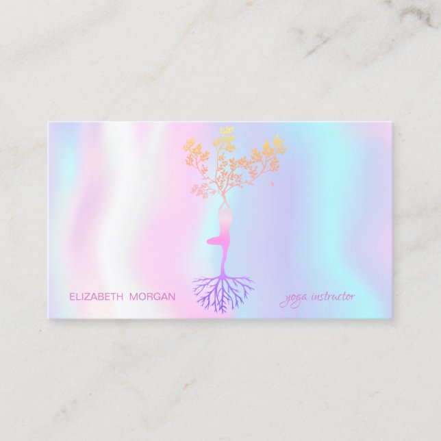 Modern Holographic Tree Silhouette Yoga Instructor Business Card (Front)