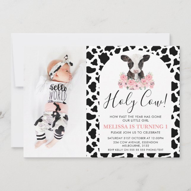 Modern Holy Cow Pink Floral Birthday Invitation (Front)