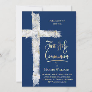 modern Holy cross on blue First Communion Invitation