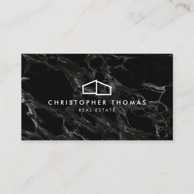 Modern Home Logo Architecture Realtor Black Marble Business Card (Front)