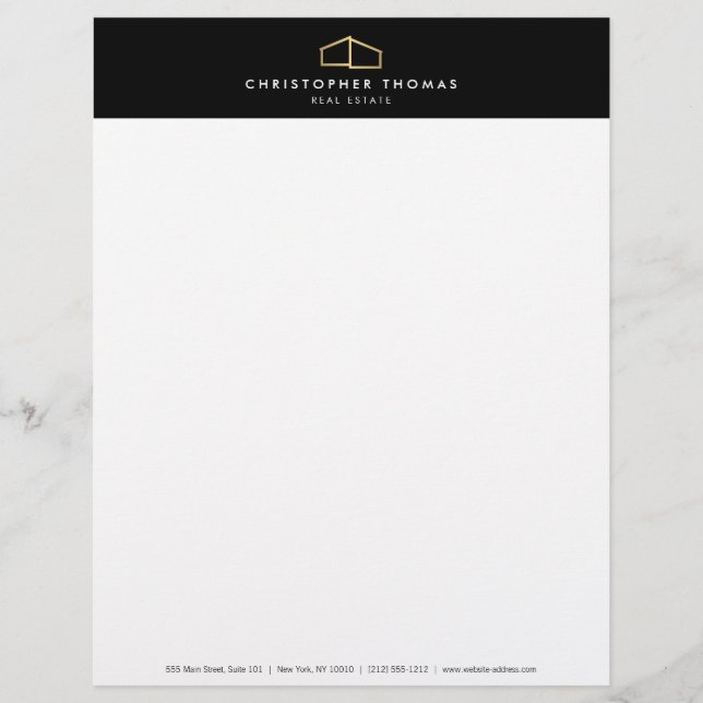 Modern Home Logo Faux Gold on Black Custom Letterhead (Front)