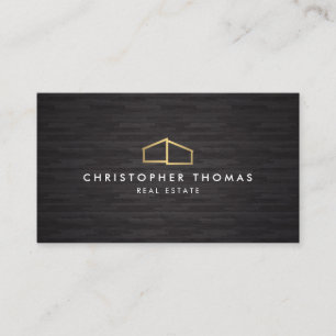 Modern Home Logo Faux Gold on Black Wood Business Card