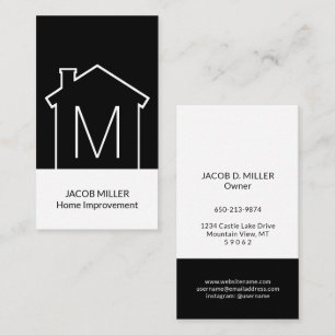 Modern Home Logo Monogram Vertical Black and White Business Card
