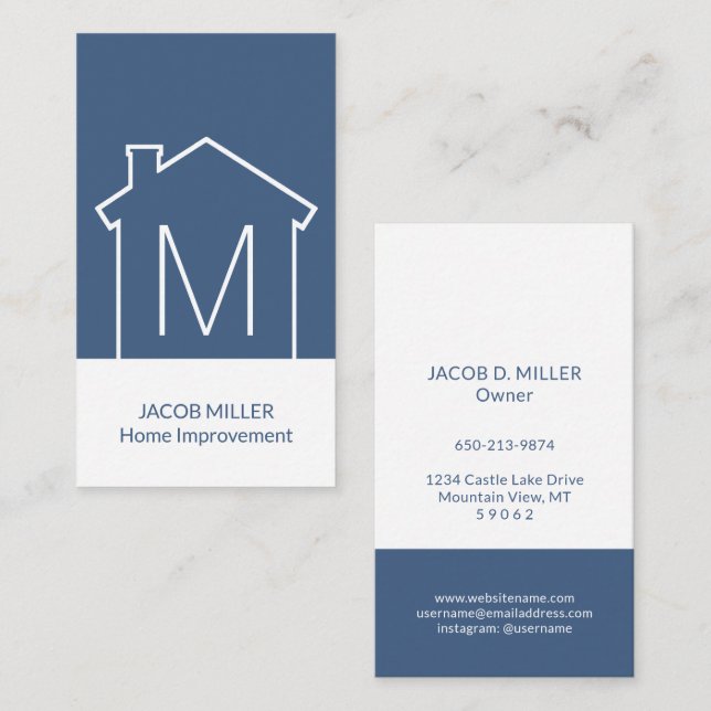 Modern Home Logo Monogram Vertical Navy Blue White Business Card (Front/Back)