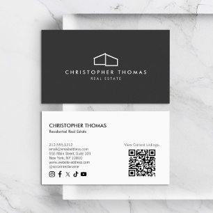 Modern Home Logo Real Estate Dark Grey QR code Business Card