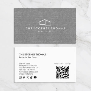 Modern Home Logo Real Estate Gray Linen QR code Business Card