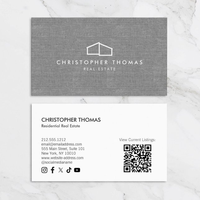 Modern Home Logo Real Estate Grey Linen QR code Business Card (Creator Uploaded)