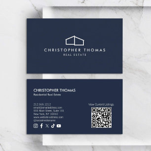 Modern Home Logo Real Estate Navy Blue QR code Business Card