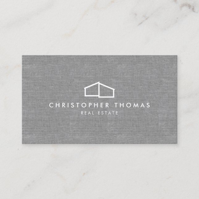 Modern Home Logo Real Estate, Realtor Grey Linen Business Card (Front)