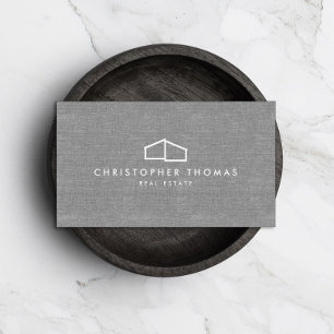 Modern Home Logo Real Estate, Realtor Grey Linen Business Card