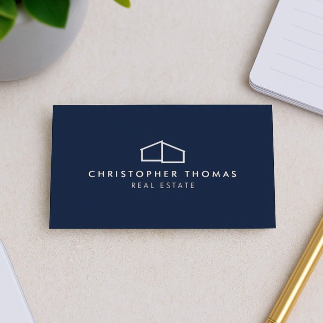 Modern Home Logo Real Estate, Realtor Navy Blue Business Card (Creator Uploaded)