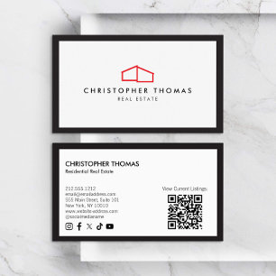 Modern Home Logo Real Estate Red/White QR code Business Card