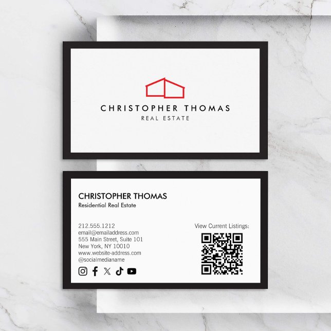 Modern Home Logo Real Estate Red/White QR code Business Card (Creator Uploaded)