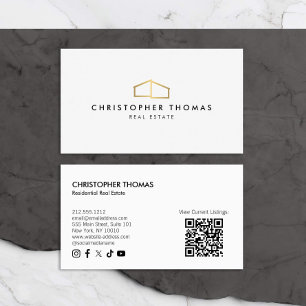 Modern Home Logo Real Estate White/Gold QR code Business Card