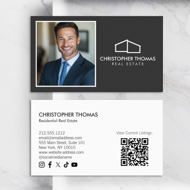 Modern Home Logo Realtor Photo Dark Grey Business Card (Creator Uploaded)