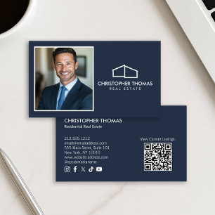 Modern Home Logo Realtor Photo Navy Blue Business Card