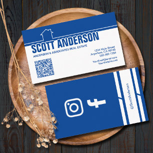 Modern Home Logo Social Media QR Code Blue Business Card