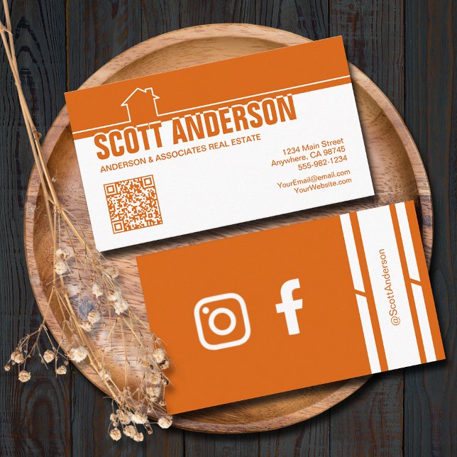 Modern Home Logo Social Media QR Code Orange Business Card (Home logo QR Code social media orange-white business cards - real estate, cleaning, construction)