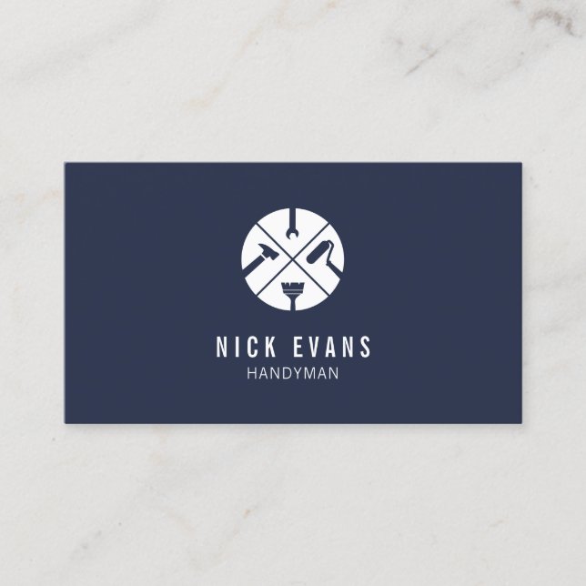 Modern Home Repair Handyman Logo Navy Blue Business Card (Front)